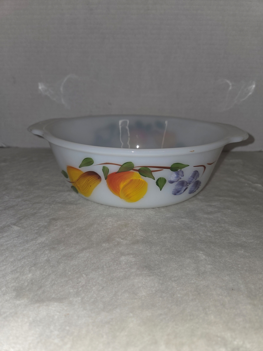 Vintage Fire King Gay Fad Fruit Design 1 1/2 QT Milk Glass Baking Dish No Lid